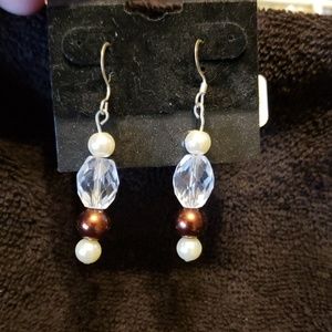Clear Crystal Earrings with Bronze and Pearl Glass